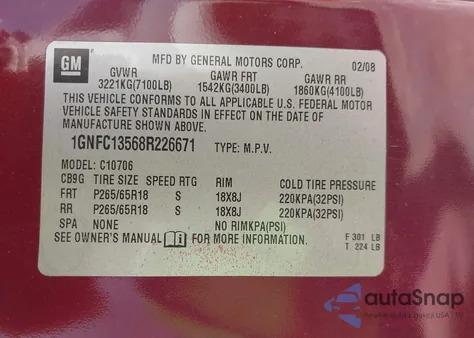 2008 Chevrolet Tahoe Hybrid z USA, uszkodzony, nr VIN 1GNFC13568R226671